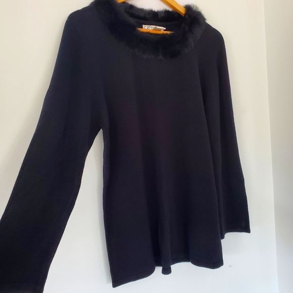 DRESS BARN Sz XL Black Rayon Knit Sweater Black Faux Fur Collar Mobwife Dressy - Picture 6 of 14